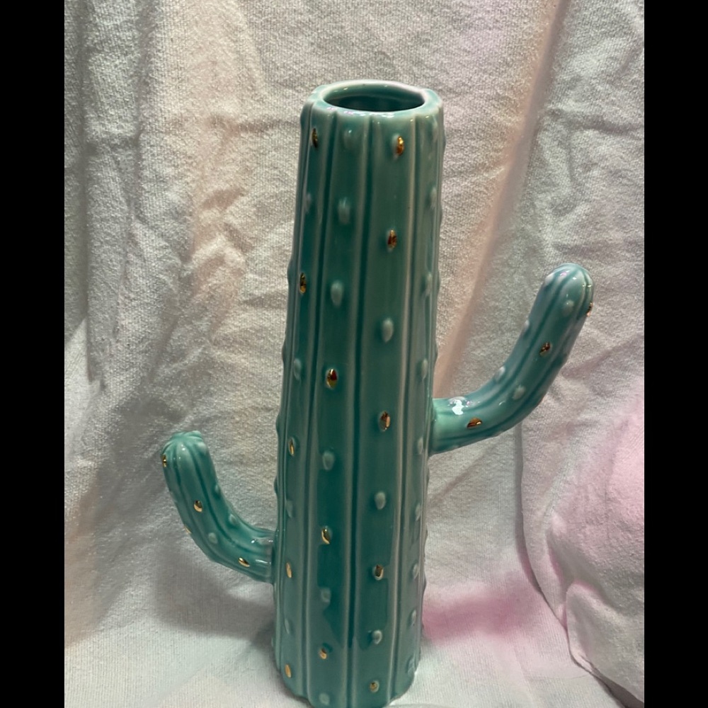 Cactus Vase teal to green with gold specks EUC